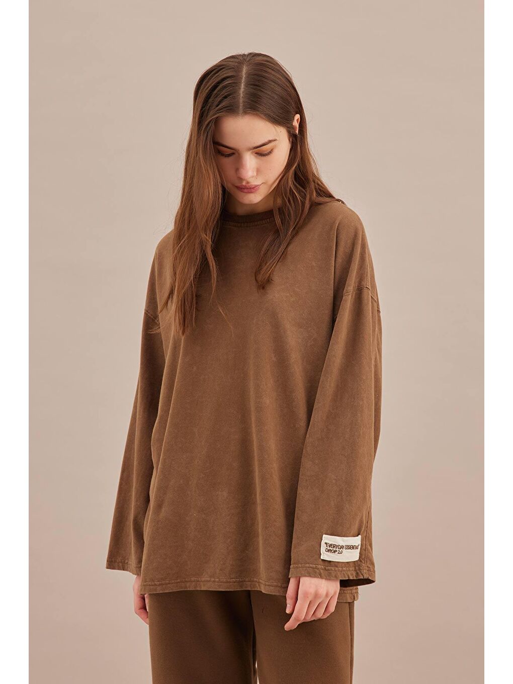 Soluk Efektli Oversize Sweatshırt Kahverengi-1