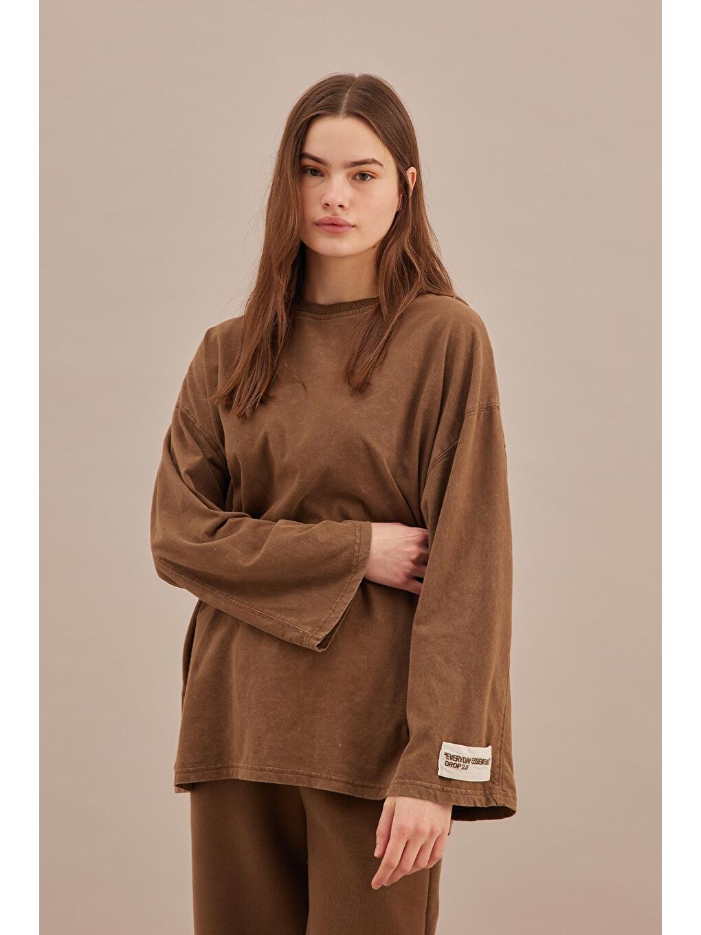 Soluk Efektli Oversize Sweatshırt Kahverengi-3