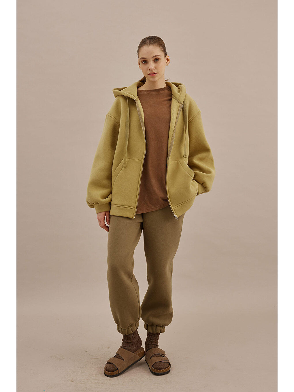 Soluk Efektli Oversize Sweatshırt Kahverengi-5