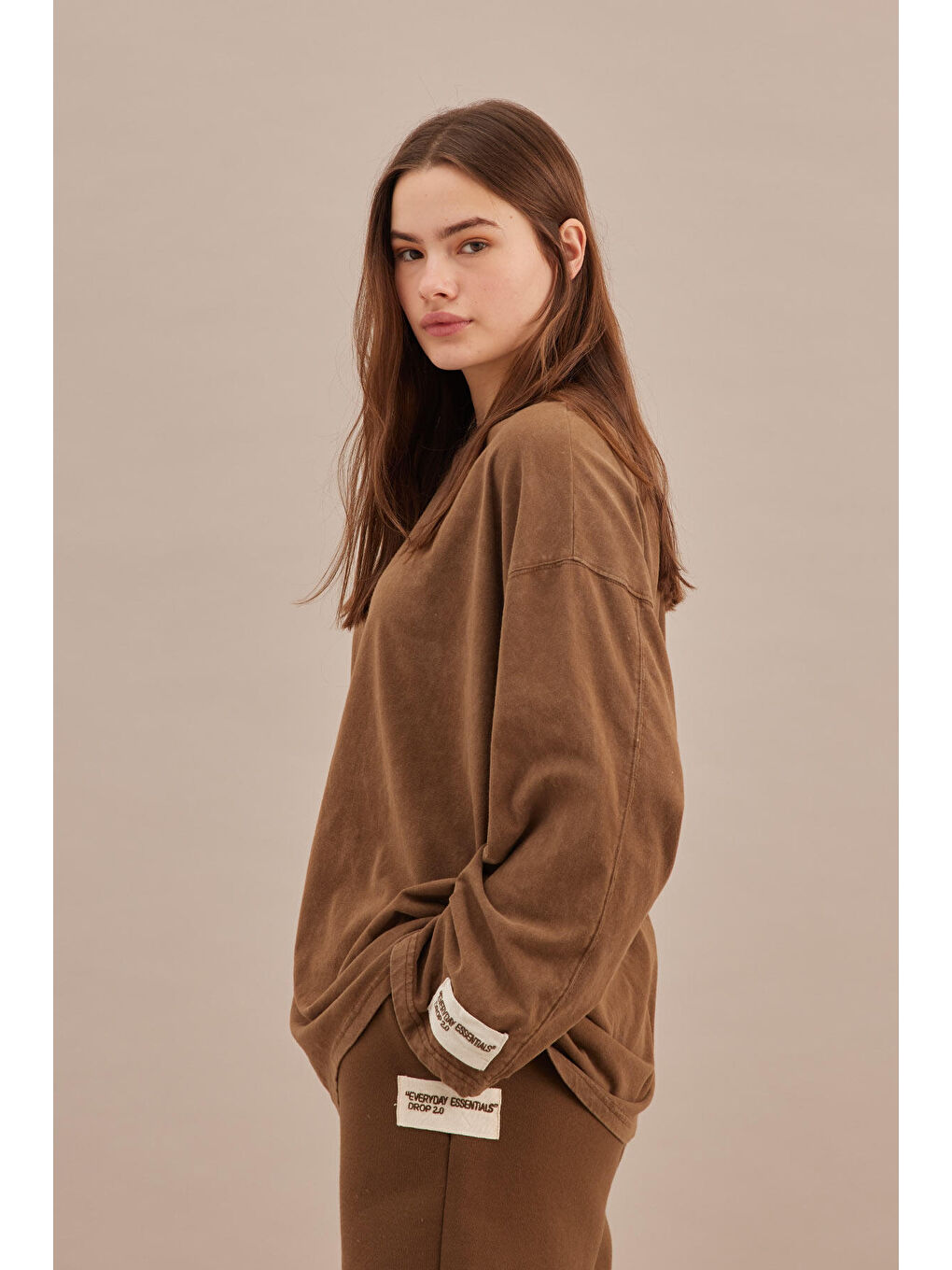 Soluk Efektli Oversize Sweatshırt Kahverengi-6