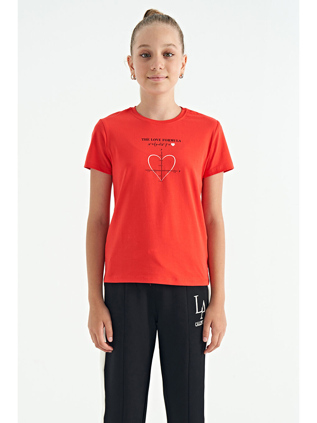 Kırmızı Fiesta O Yaka Baskı Detaylı Rahat Kalıp Kız Çocuk Tişört - 75129