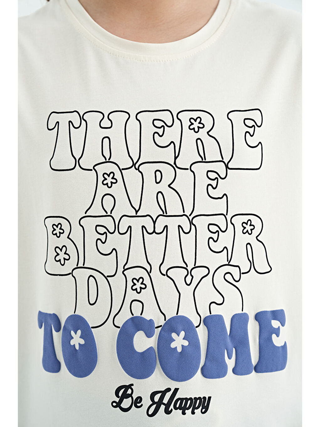 Ekru O Yaka Yazı Baskılı Rahat Form Kısa Kollu Cropped Kız Çocuk Tişört - 75118-2