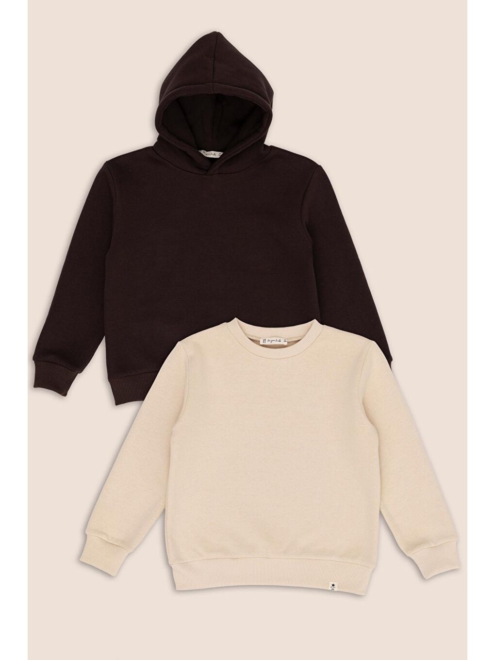 Kahverengi 2 Li Kahve Kapüşonlu Bej Bisiklet Yaka Kız Çocuk Sweatshirt Set