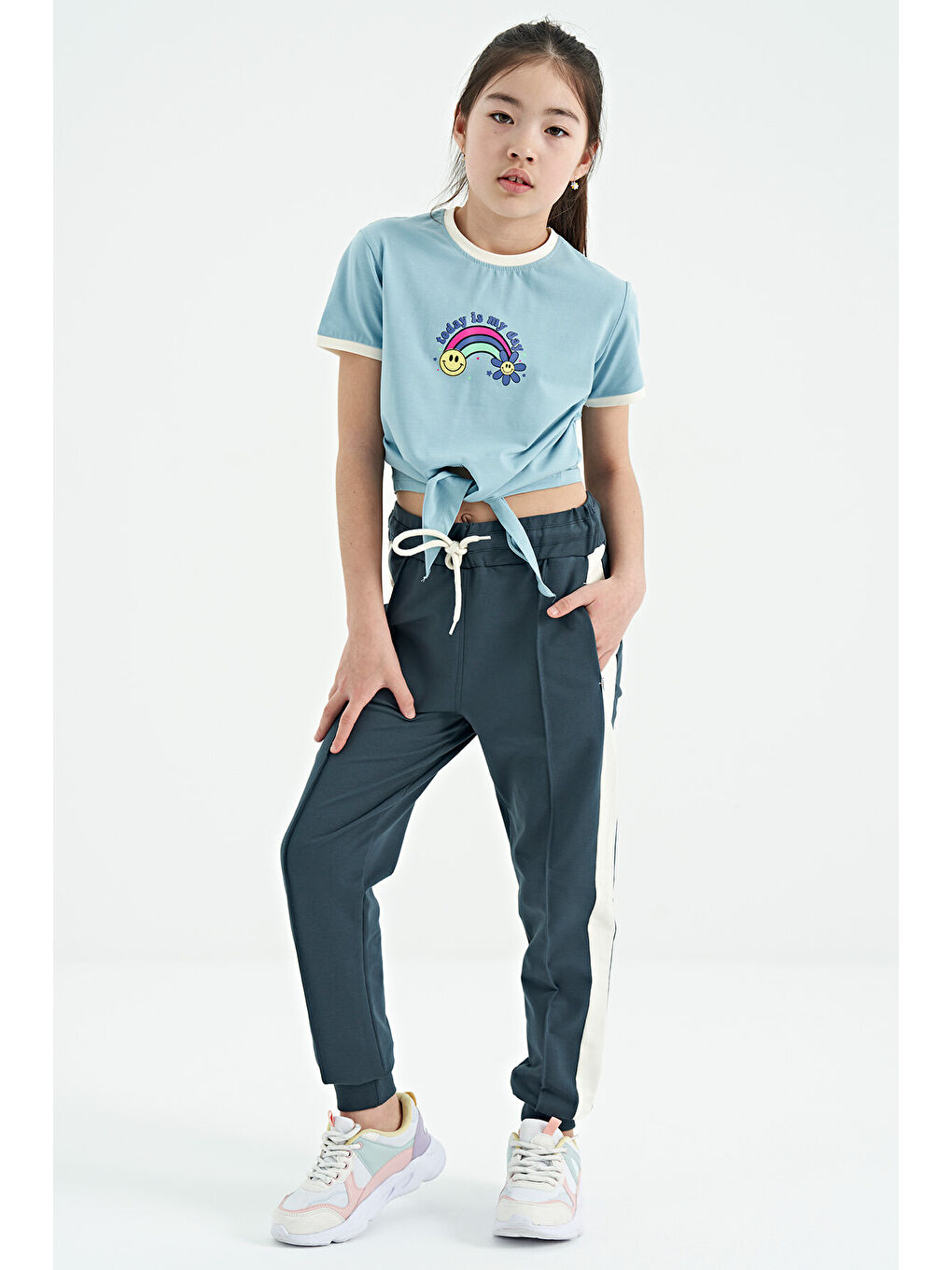 Orman Yeşili Yan Bantlı Gizli Fermuar Cep Detaylı Jogger Kız Çocuk Eşofman Alt - 75122