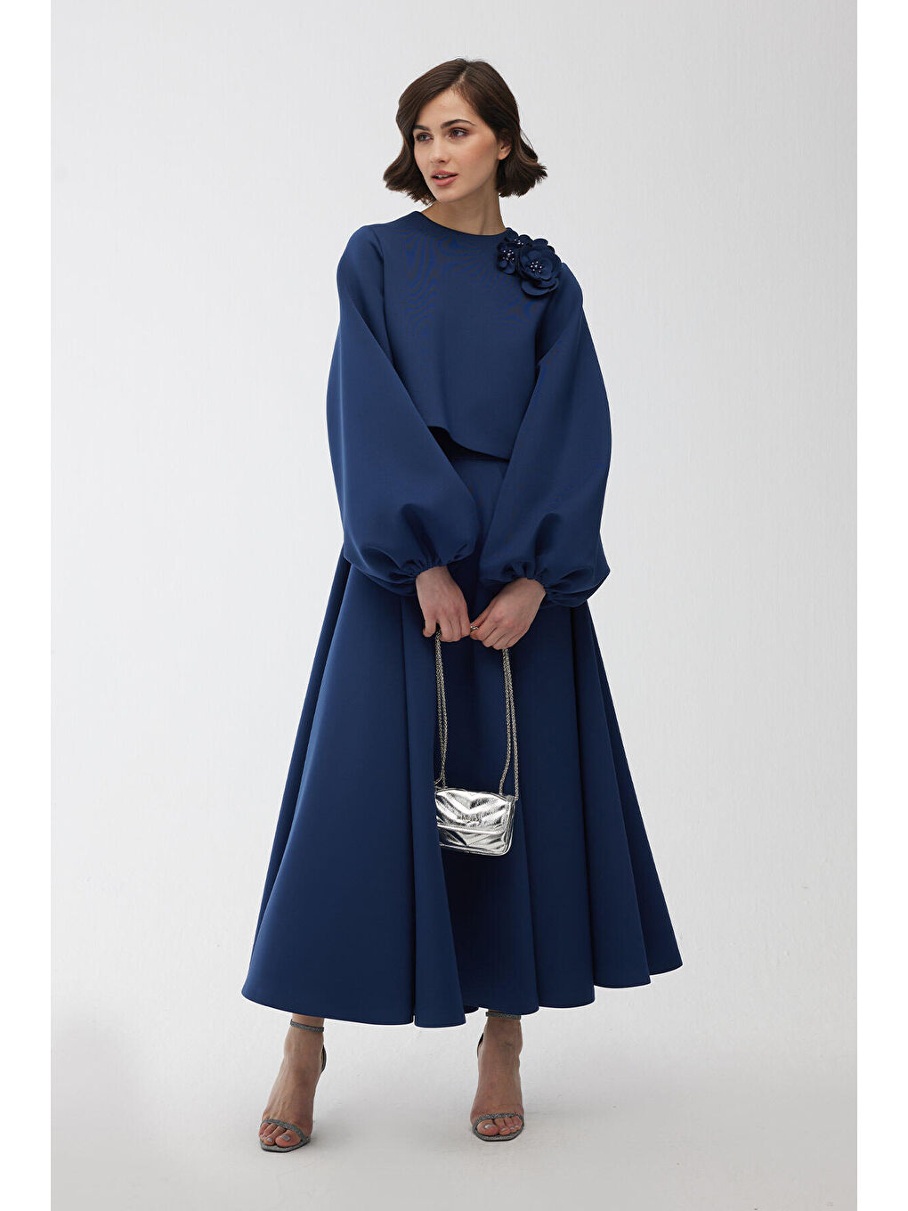 Balon Kol Broşlu Bluz Gece Mavisi-1