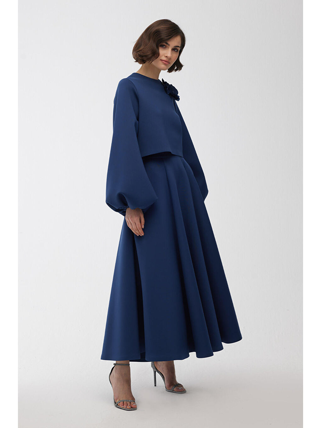 Balon Kol Broşlu Bluz Gece Mavisi-2