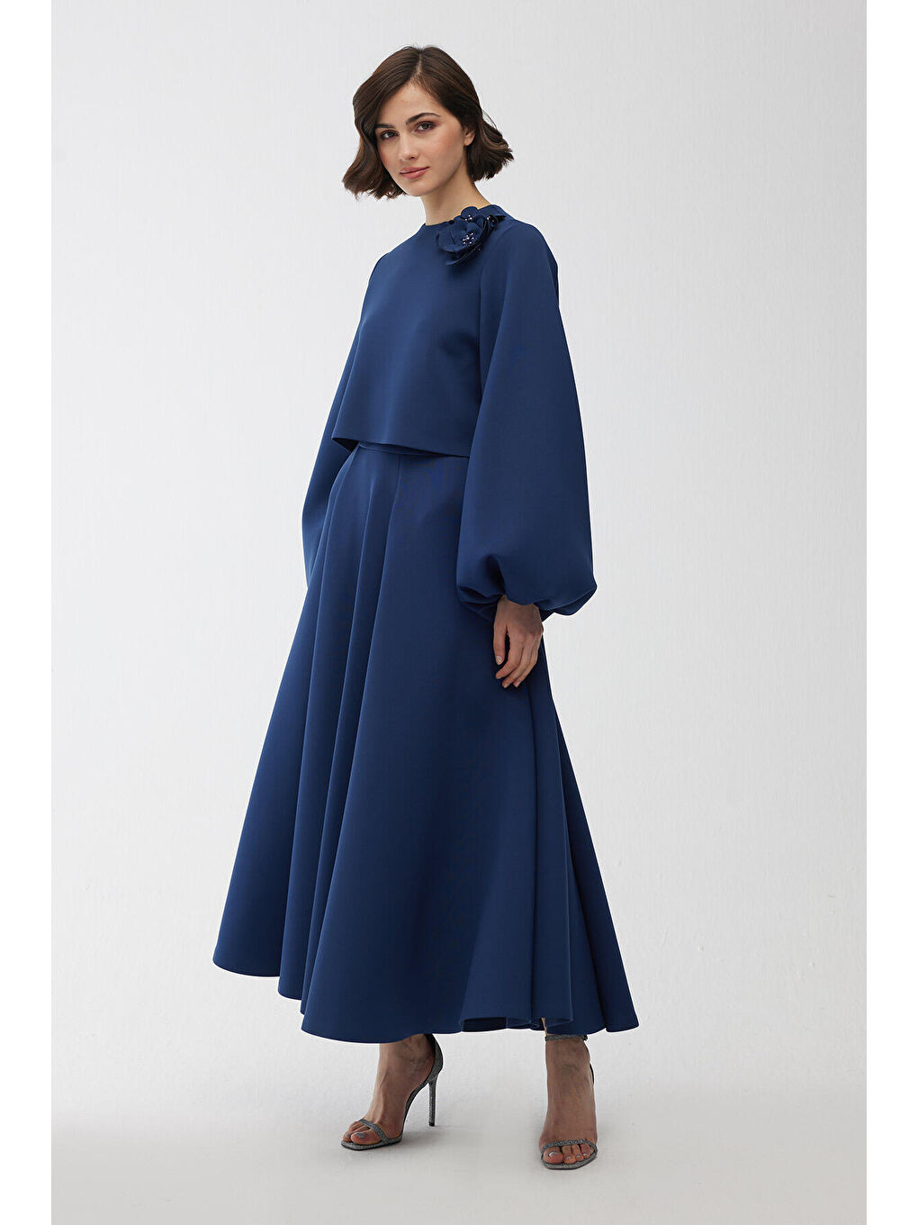 Balon Kol Broşlu Bluz Gece Mavisi-5