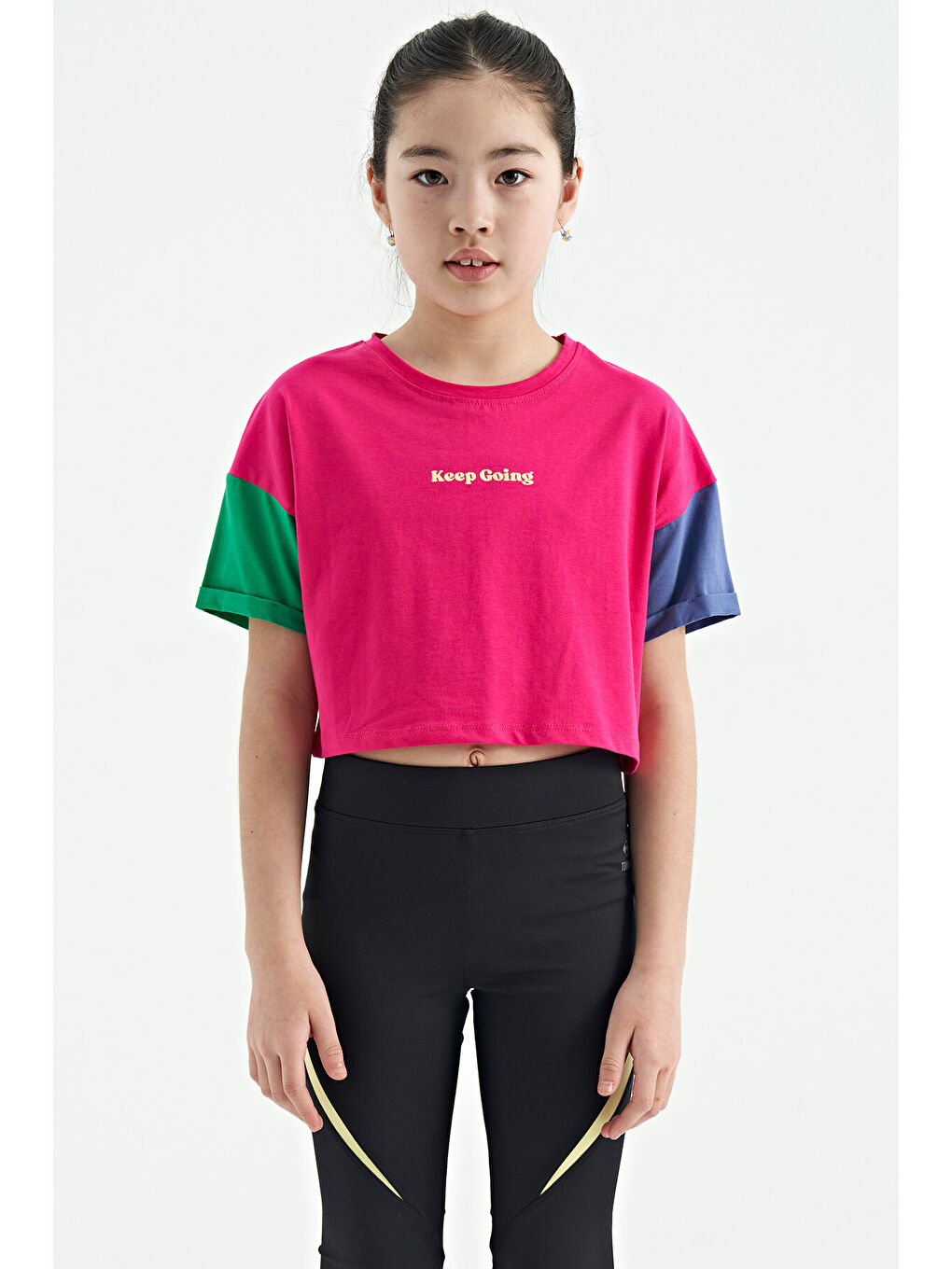 Fuşya Yazı Baskılı O Yaka Düşük Omuzlu Oversize Kız Çocuk Tişört - 75130-6