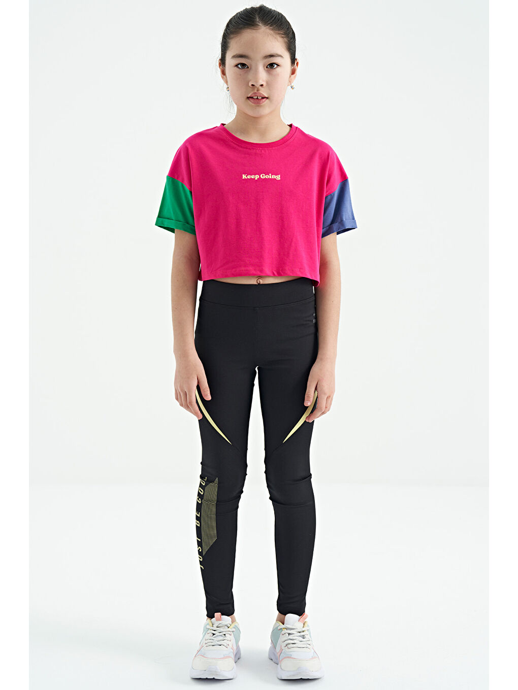 Fuşya Yazı Baskılı O Yaka Düşük Omuzlu Oversize Kız Çocuk Tişört - 75130-7