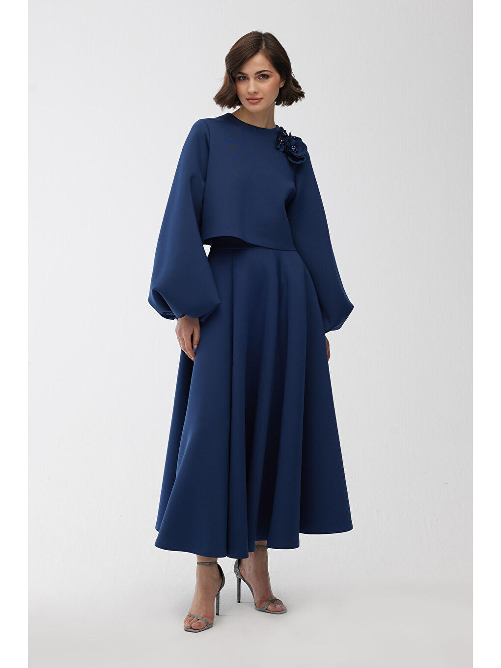 Balon Kol Broşlu Bluz Gece Mavisi-6