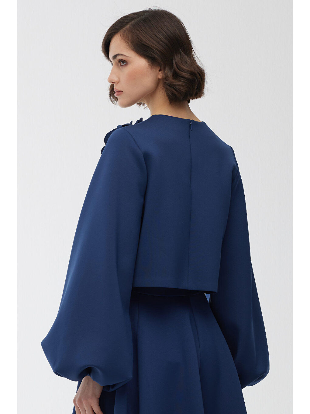 Balon Kol Broşlu Bluz Gece Mavisi-7