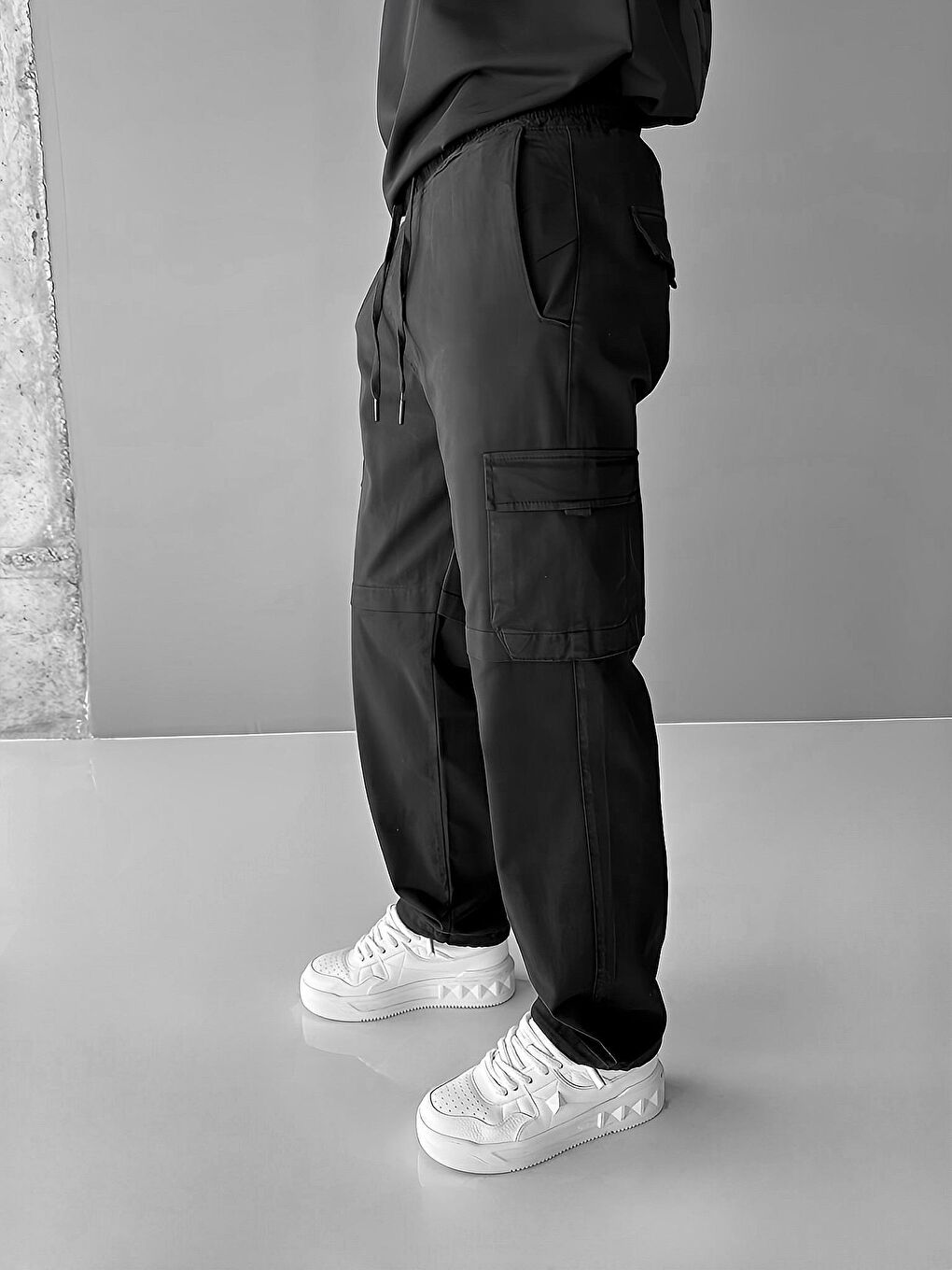 Erkek Baggy Fit Fermuarlı Paçası İpli Kargo Pantolon Siyah-2