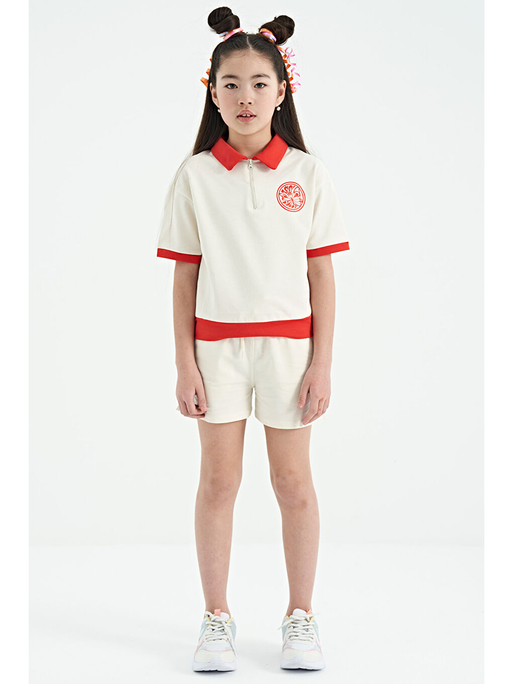 Ekru Yakalı Kısa Kollu Rahat Form Kız Çocuk Şort Takım - 75131-6