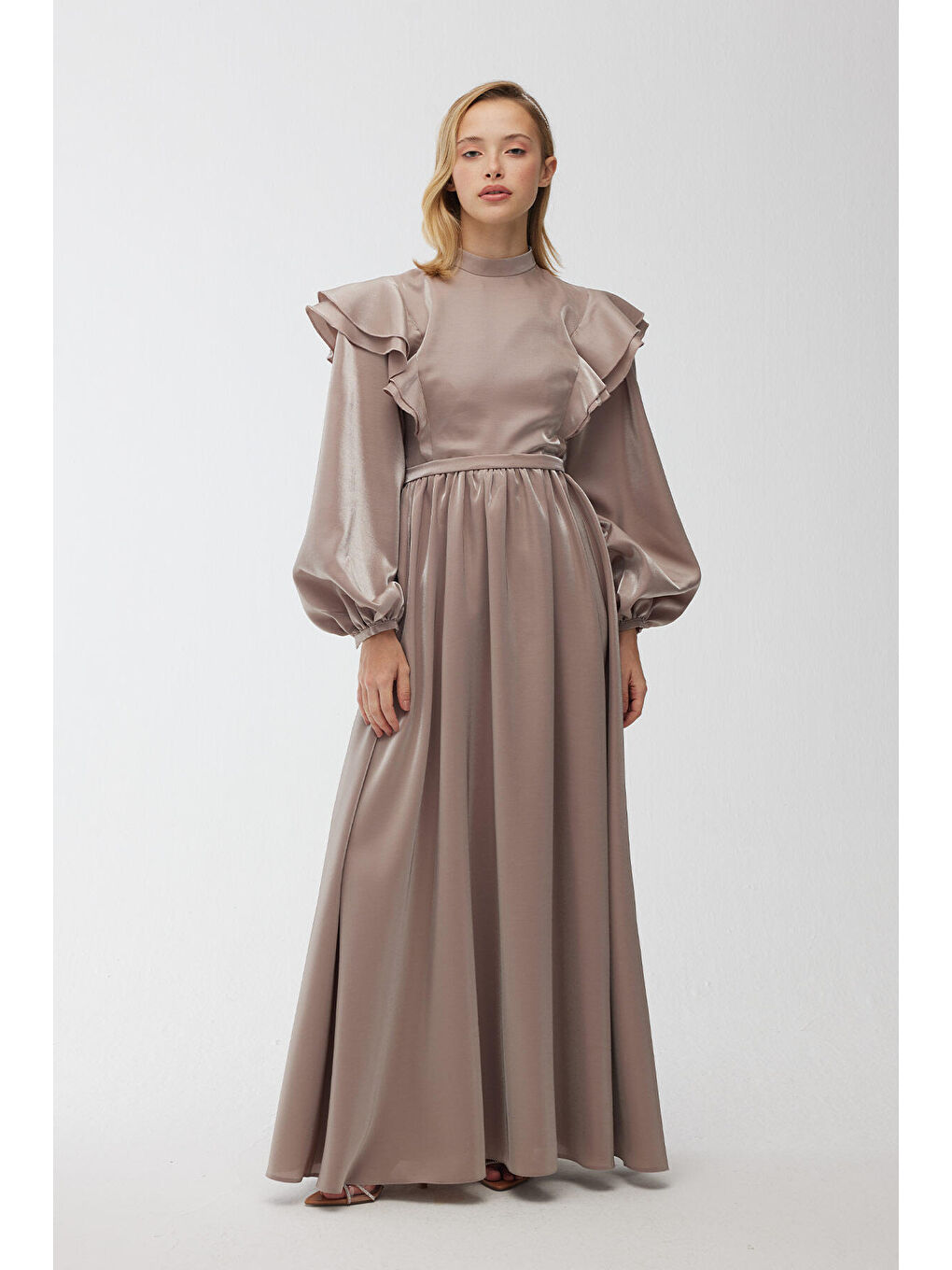 Bej Işıltılı Grace Abiye Elbise Vizon-1