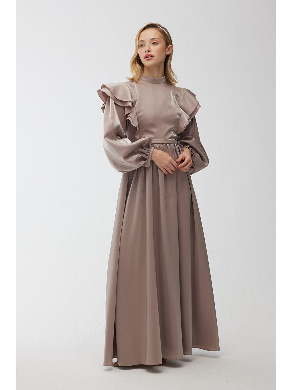 Bej Işıltılı Grace Abiye Elbise Vizon-2