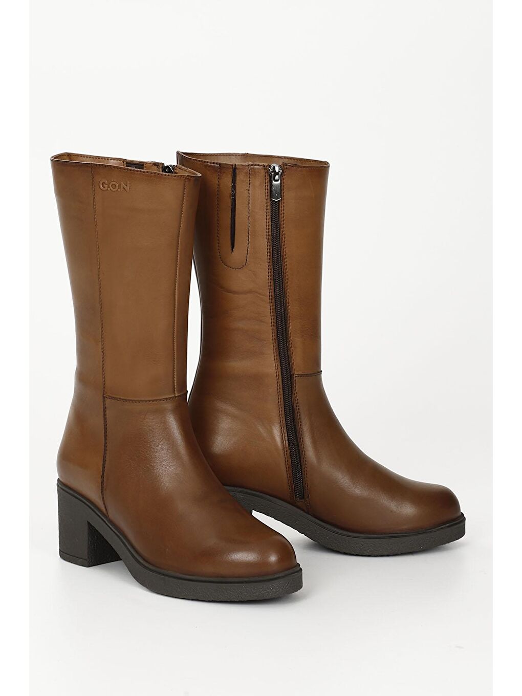 Kahverengi TABA-KAHVERENGİ  Hakiki Deri Yuvarlak Burun Kauçuk Taban Topuklu Fermuarlı Kadın Günlük Çizme GN513