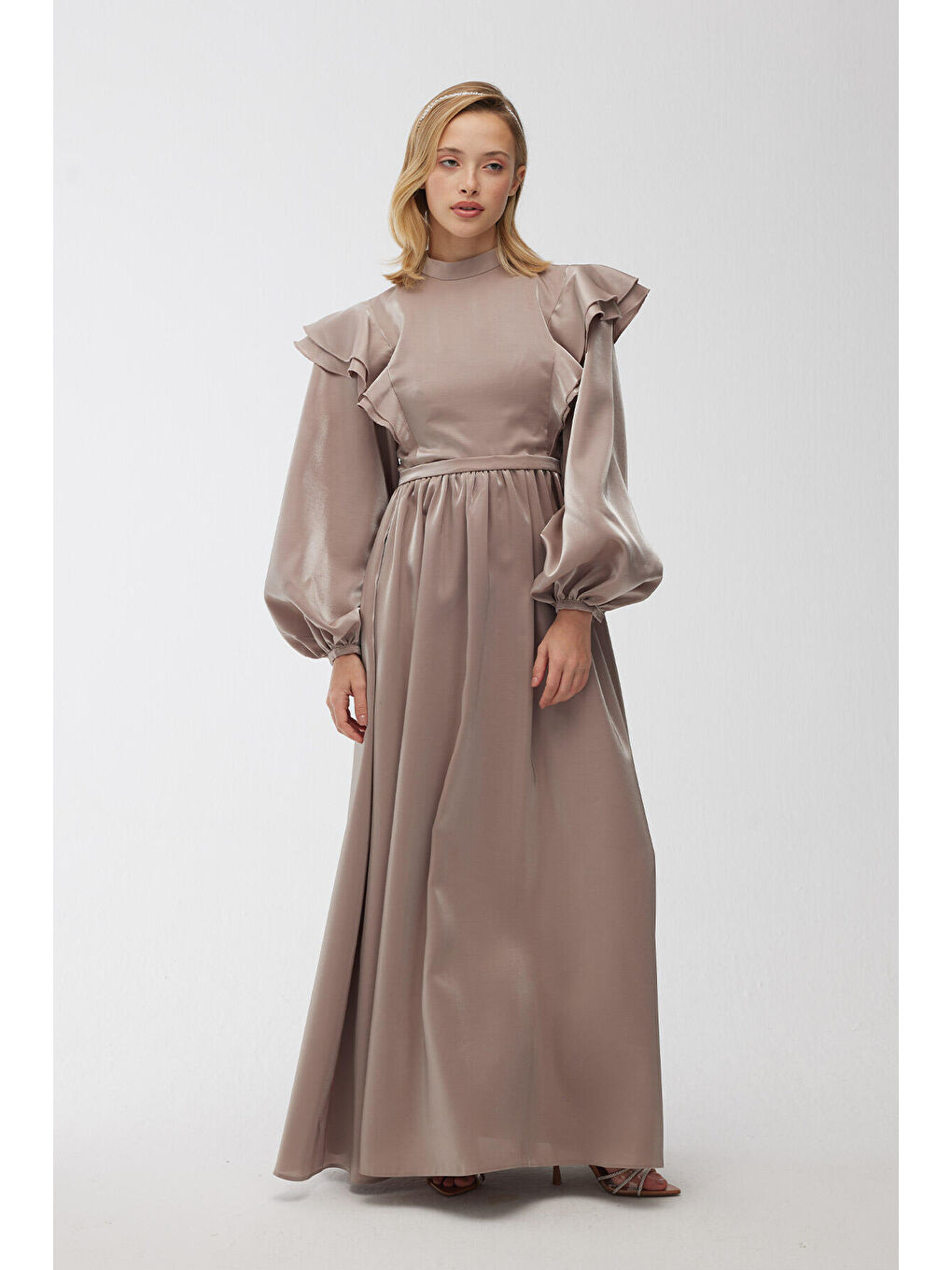 Bej Işıltılı Grace Abiye Elbise Vizon-4