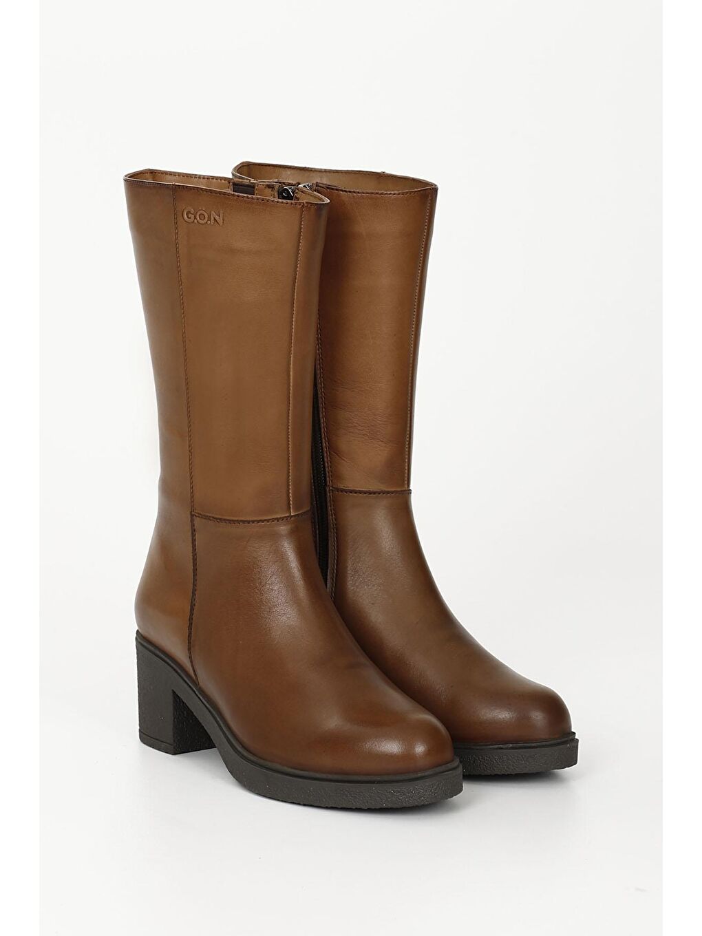 Kahverengi TABA-KAHVERENGİ  Hakiki Deri Yuvarlak Burun Kauçuk Taban Topuklu Fermuarlı Kadın Günlük Çizme GN513-1