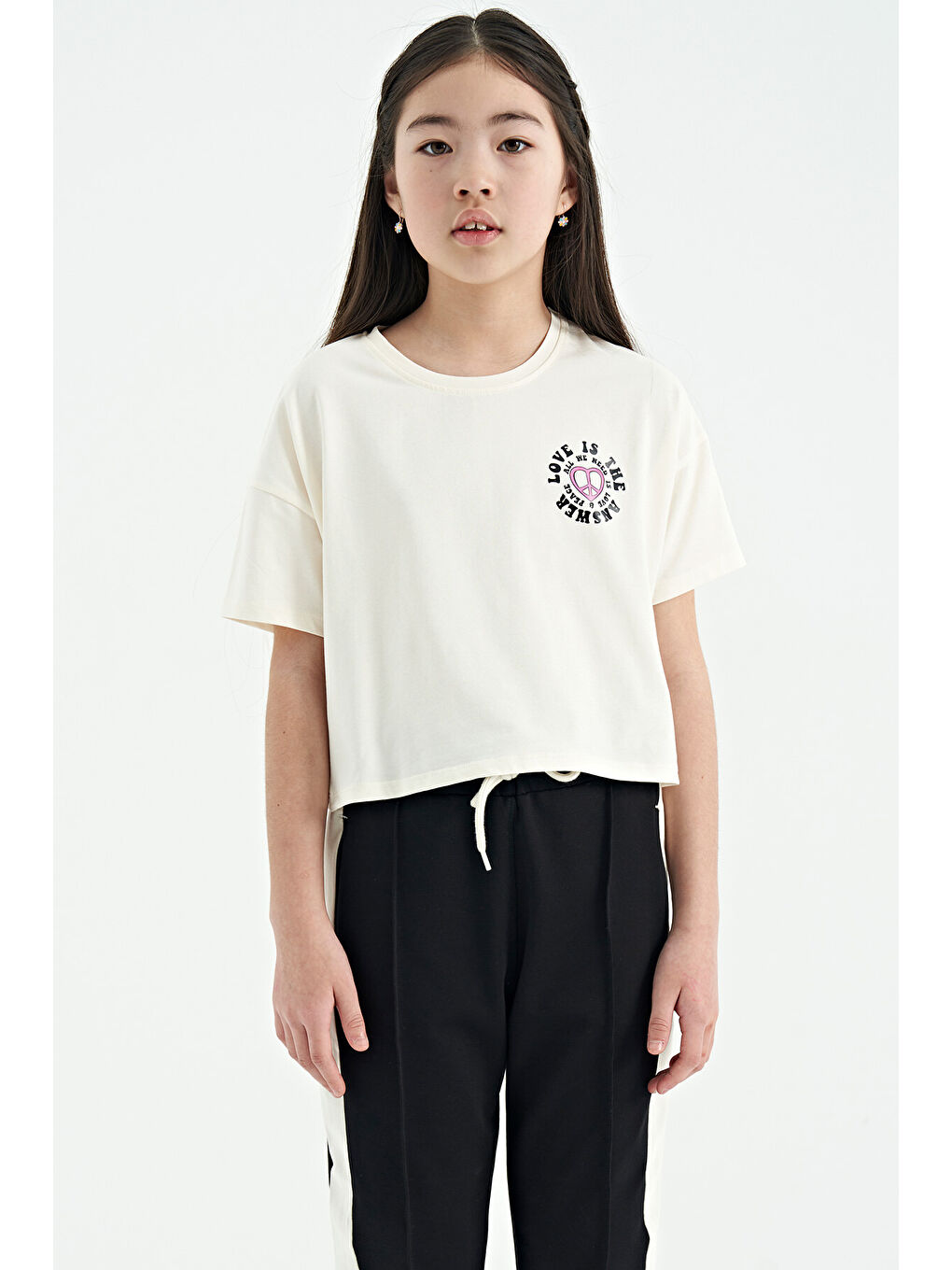 Ekru Ön Arka Baskılı O Yaka Düşük Omuz Oversize Kısa Kollu Kız Çocuk Tişört - 75126-5