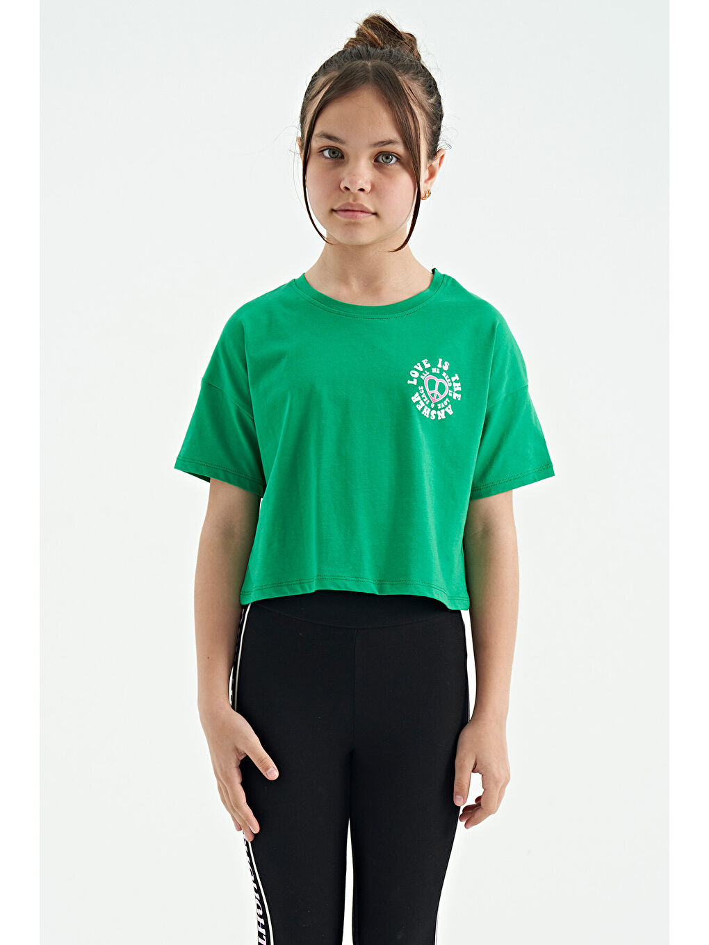 Yeşil Ön Arka Baskılı O Yaka Düşük Omuz Oversize Kısa Kollu Kız Çocuk Tişört - 75126-5