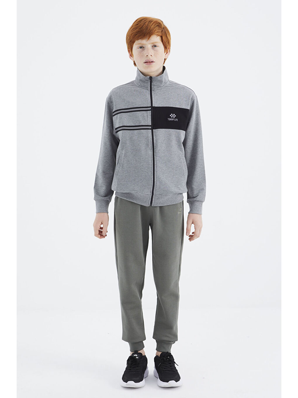 Gri Melanj Dik Yaka Erkek Çocuk Sweatshirt - 11183-8