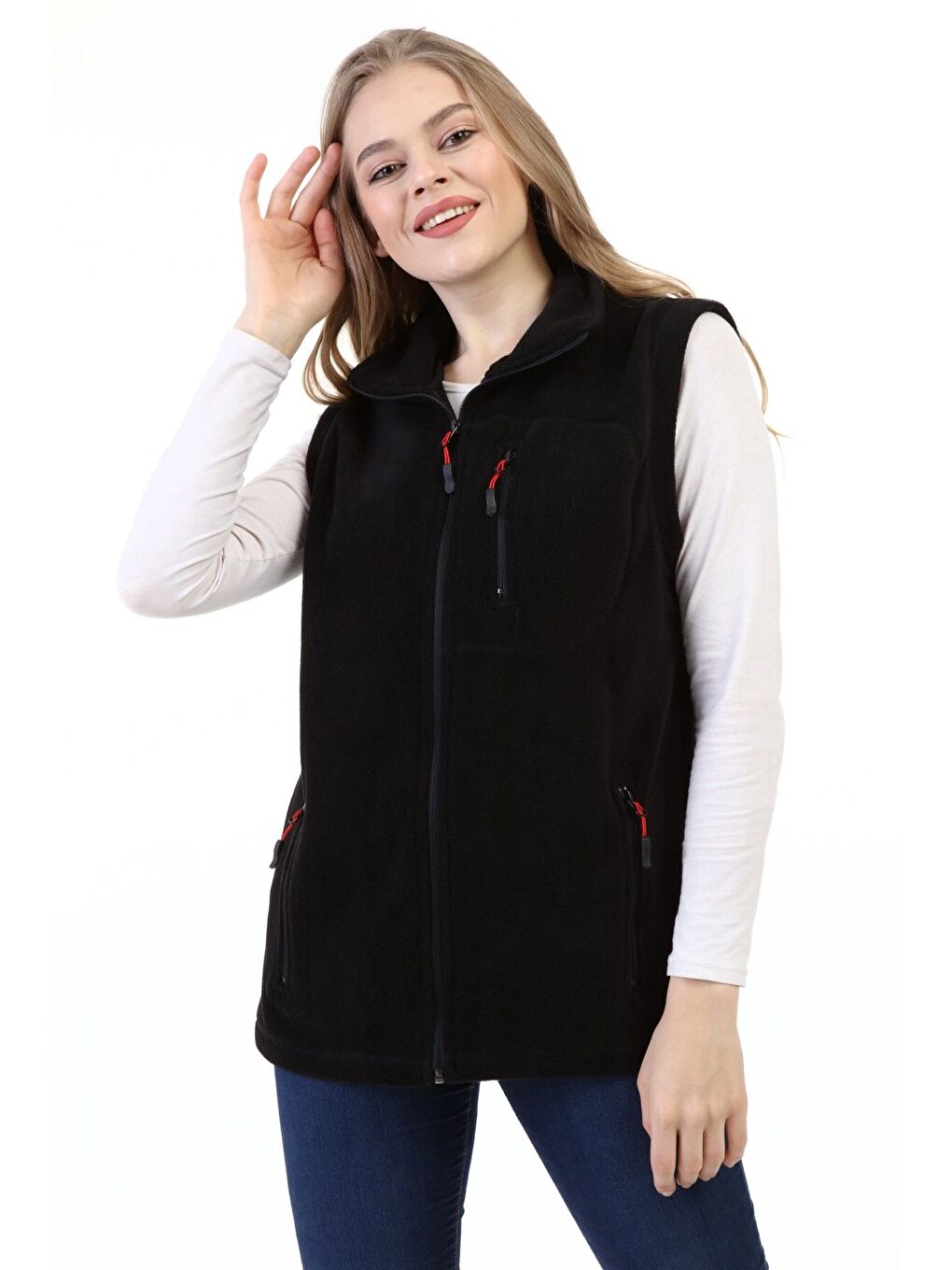 Siyah Kadın Polar Yelek Tam Fermuarlı Outdoor Spor Yelek 3cepli