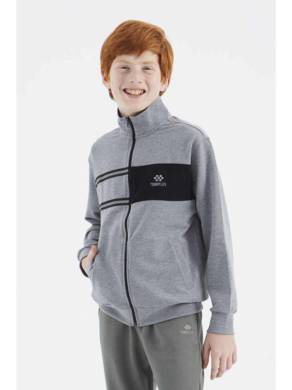 Gri Melanj Dik Yaka Erkek Çocuk Sweatshirt - 11183-9