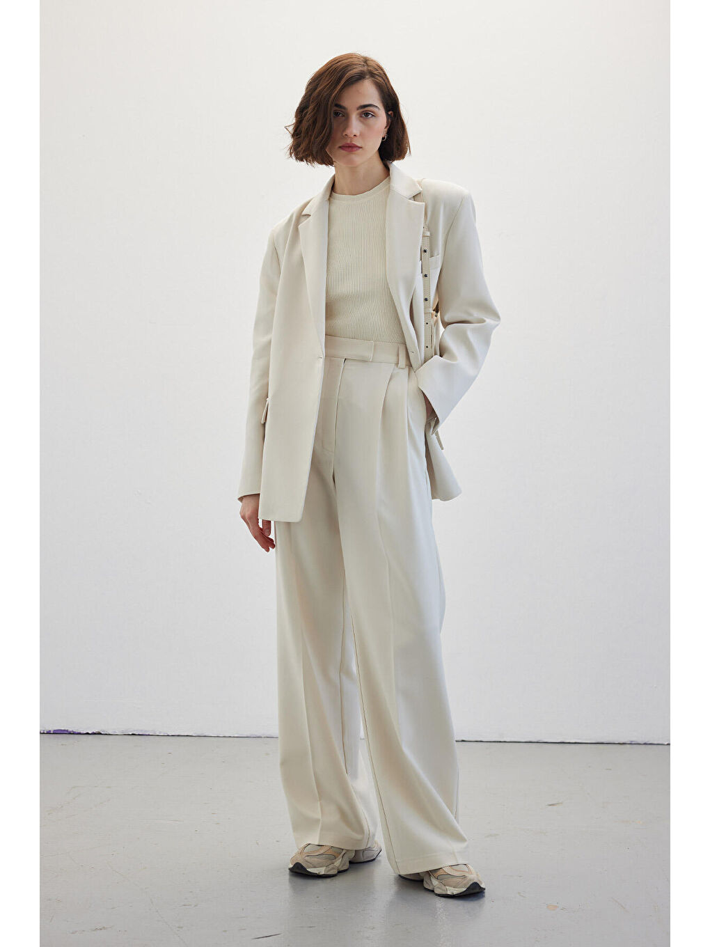 Çift Pileli Palazzo Pantolon Bej-1