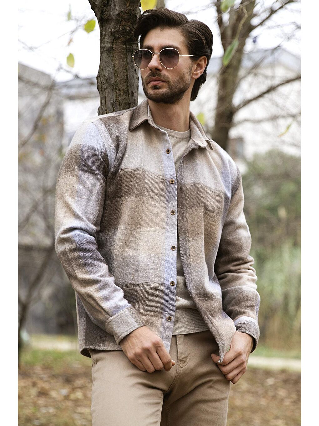 Bej Regular Fit Ekose Desenli Pamuklu Oduncu Gömlek 5896602