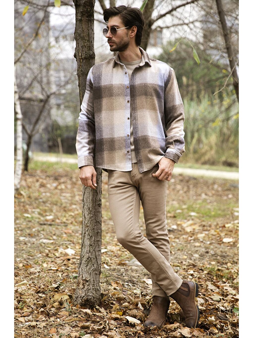 Bej Regular Fit Ekose Desenli Pamuklu Oduncu Gömlek 5896602-1