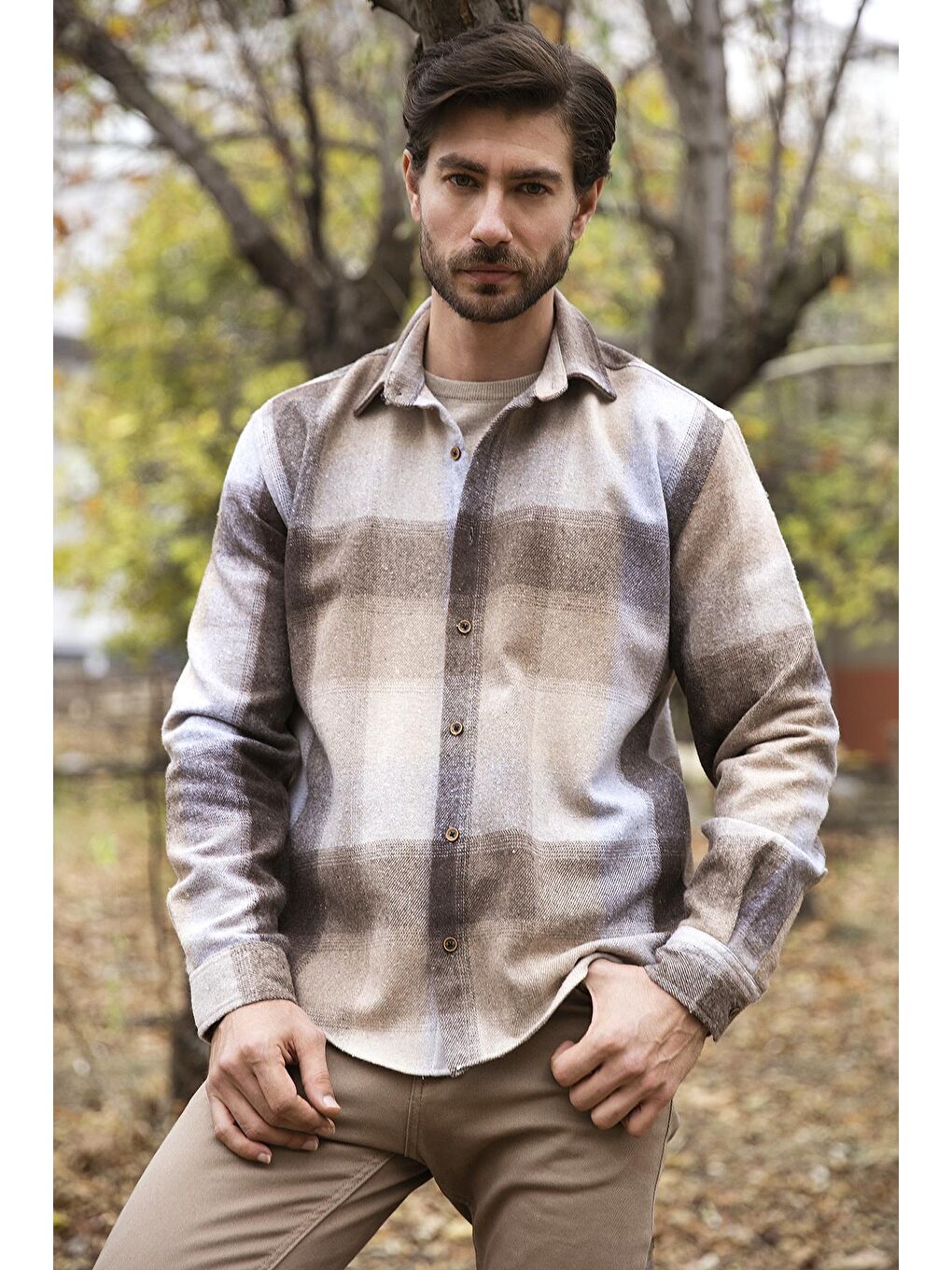 Bej Regular Fit Ekose Desenli Pamuklu Oduncu Gömlek 5896602-2