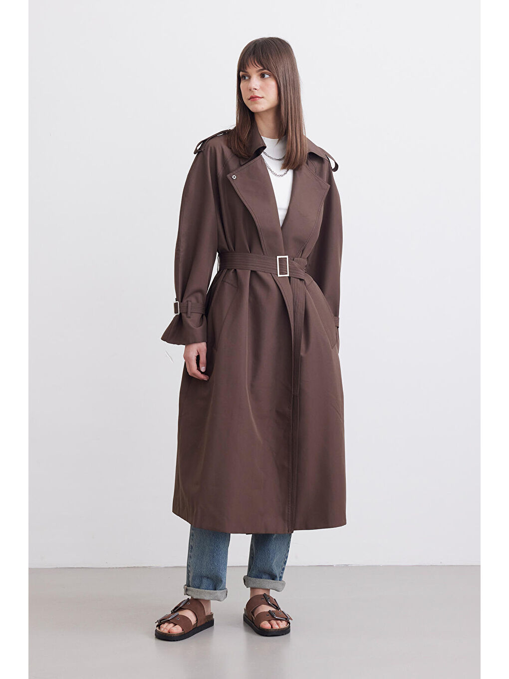 Kahverengi Kemerli Dökümlü Trençkot Acı Kahve