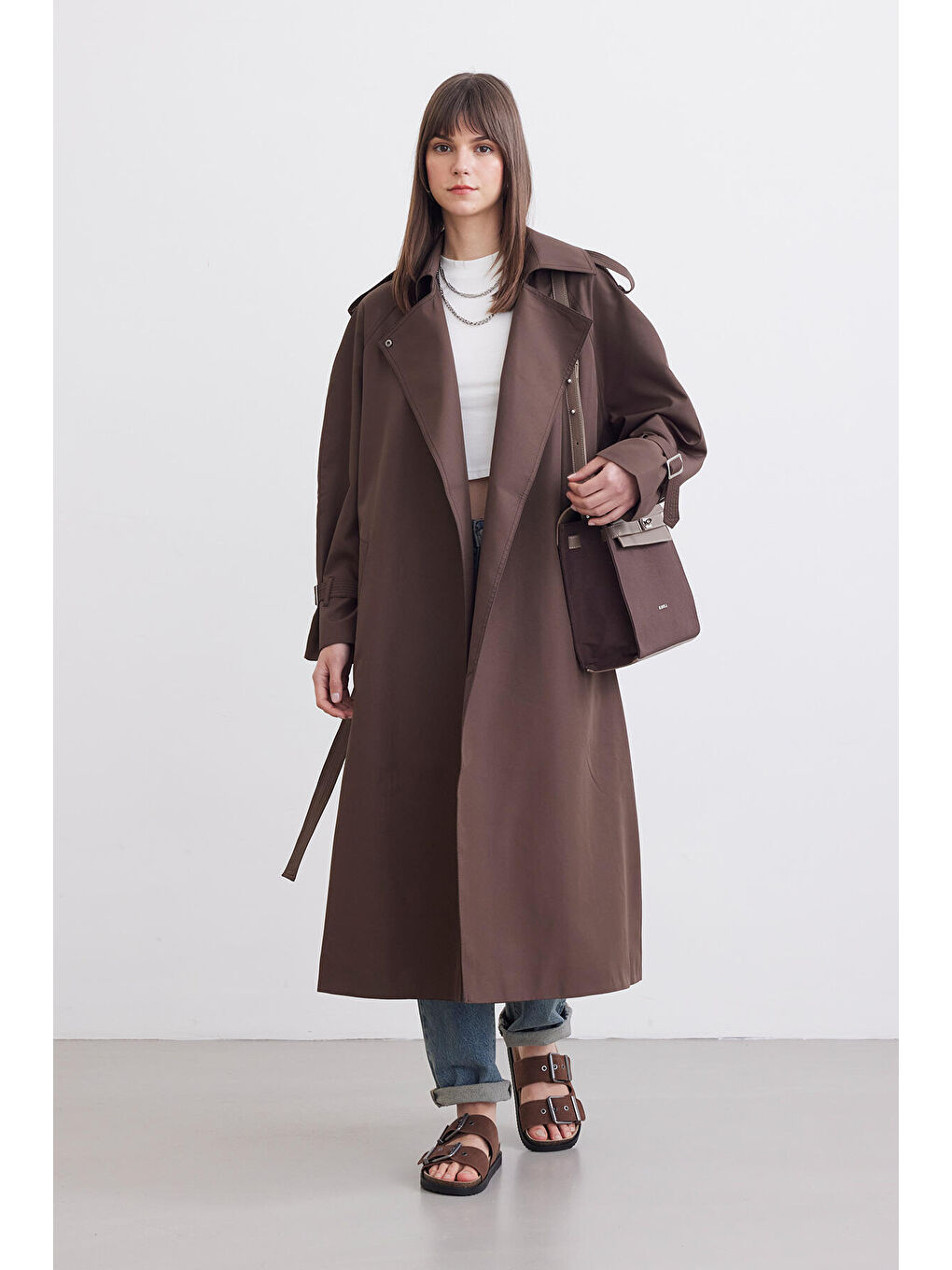 Kahverengi Kemerli Dökümlü Trençkot Acı Kahve-2