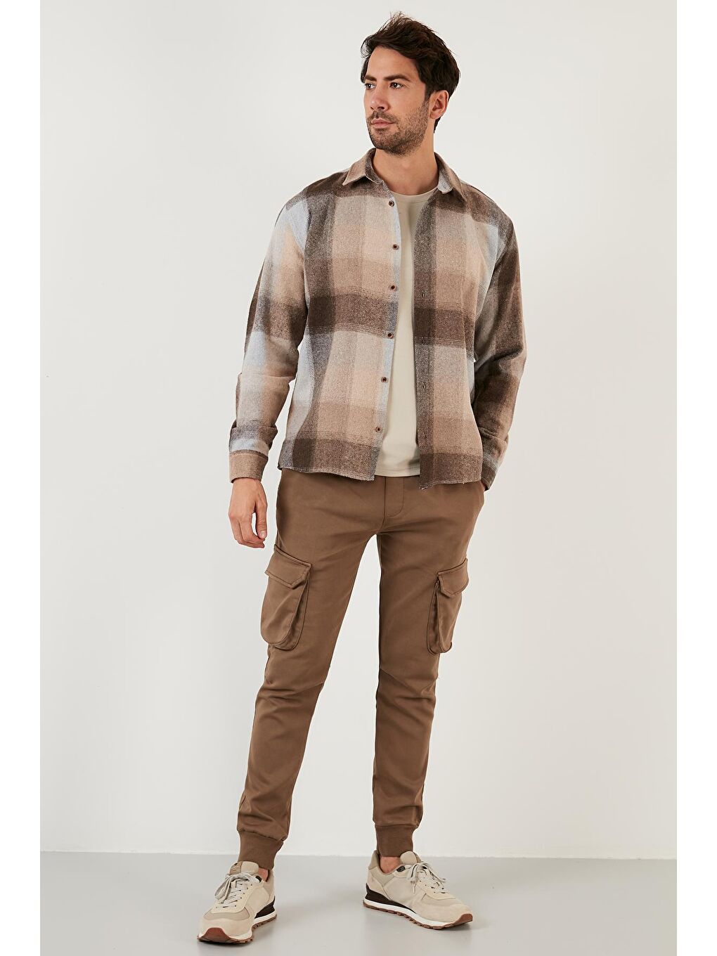 Bej Regular Fit Ekose Desenli Pamuklu Oduncu Gömlek 5896602-3