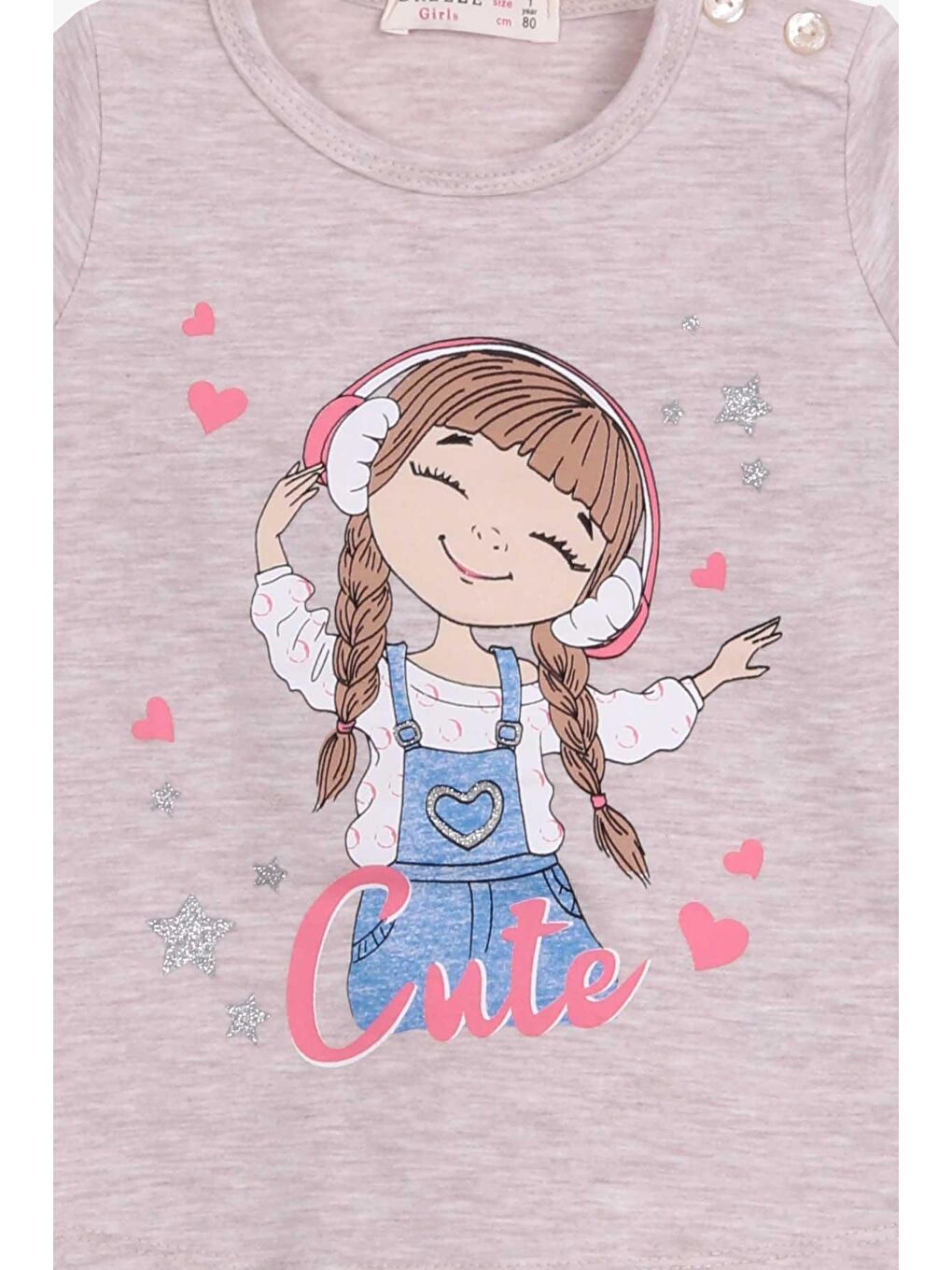 Kız Bebek Uzun Kollu Tişört Sevimli Kız Baskılı Bej Melanj (1-4 Yaş)-1