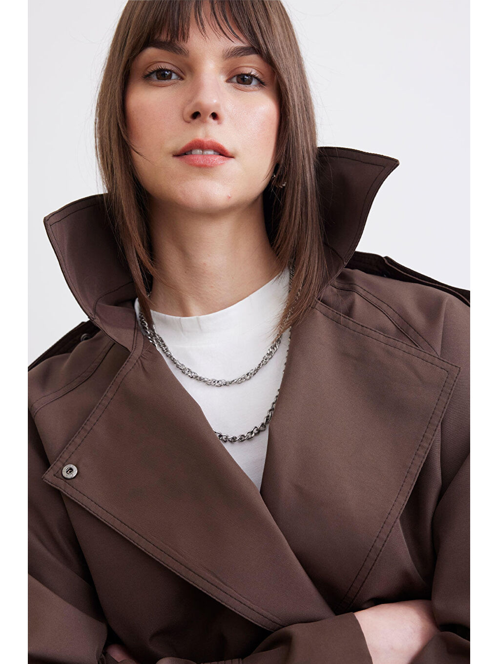 Kahverengi Kemerli Dökümlü Trençkot Acı Kahve-4