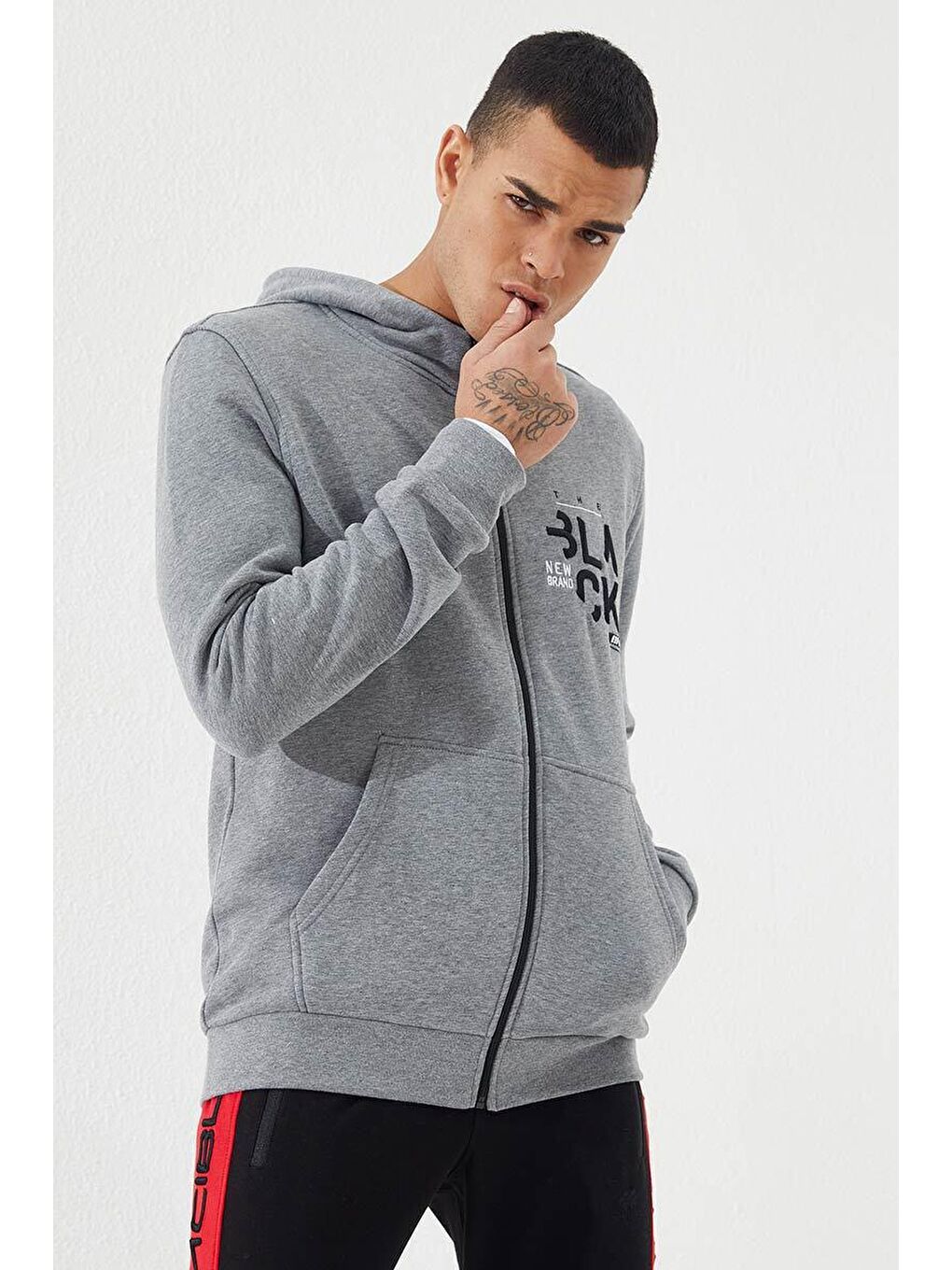 Gri Melanj  Kanguru Cep Standart Kalıp Kapüşonlu Erkek Fermuarlı Sweatshirt Hırka - 87876