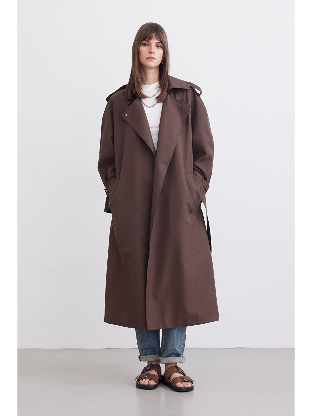 Kahverengi Kemerli Dökümlü Trençkot Acı Kahve-6