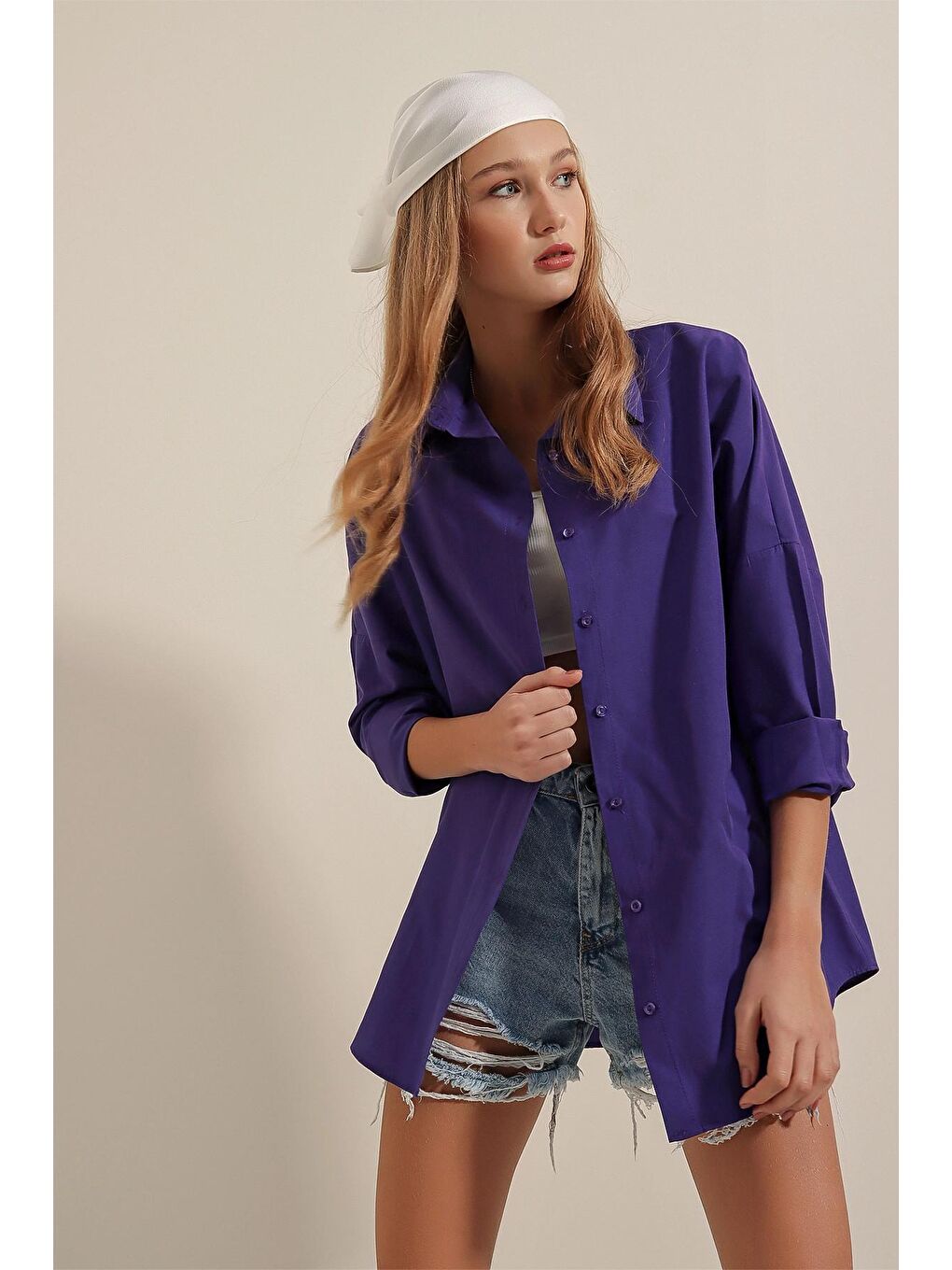 Koyu Mor Sade Düz Araboy Basic Oversize Gömlek