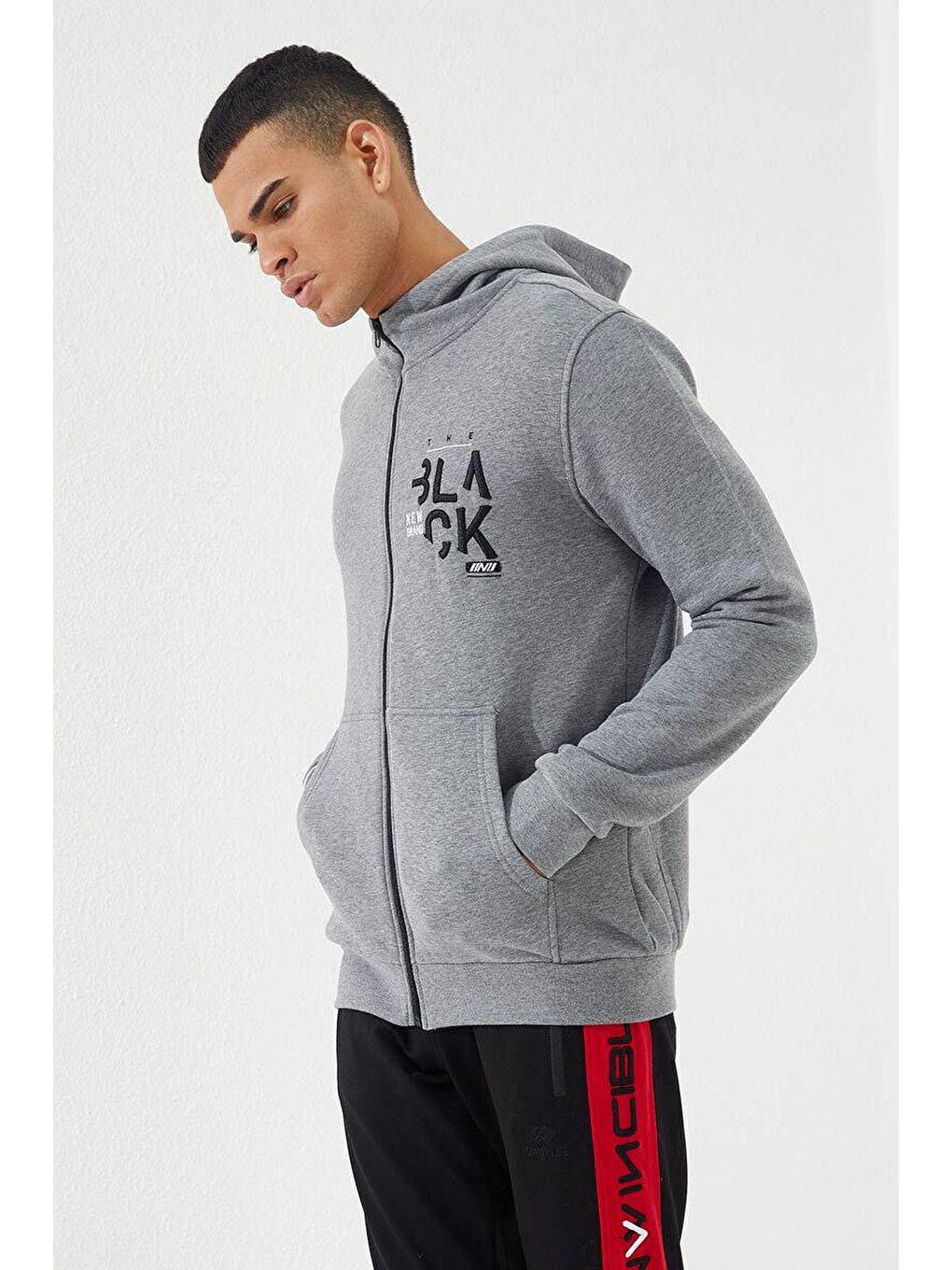 Gri Melanj  Kanguru Cep Standart Kalıp Kapüşonlu Erkek Fermuarlı Sweatshirt Hırka - 87876-3