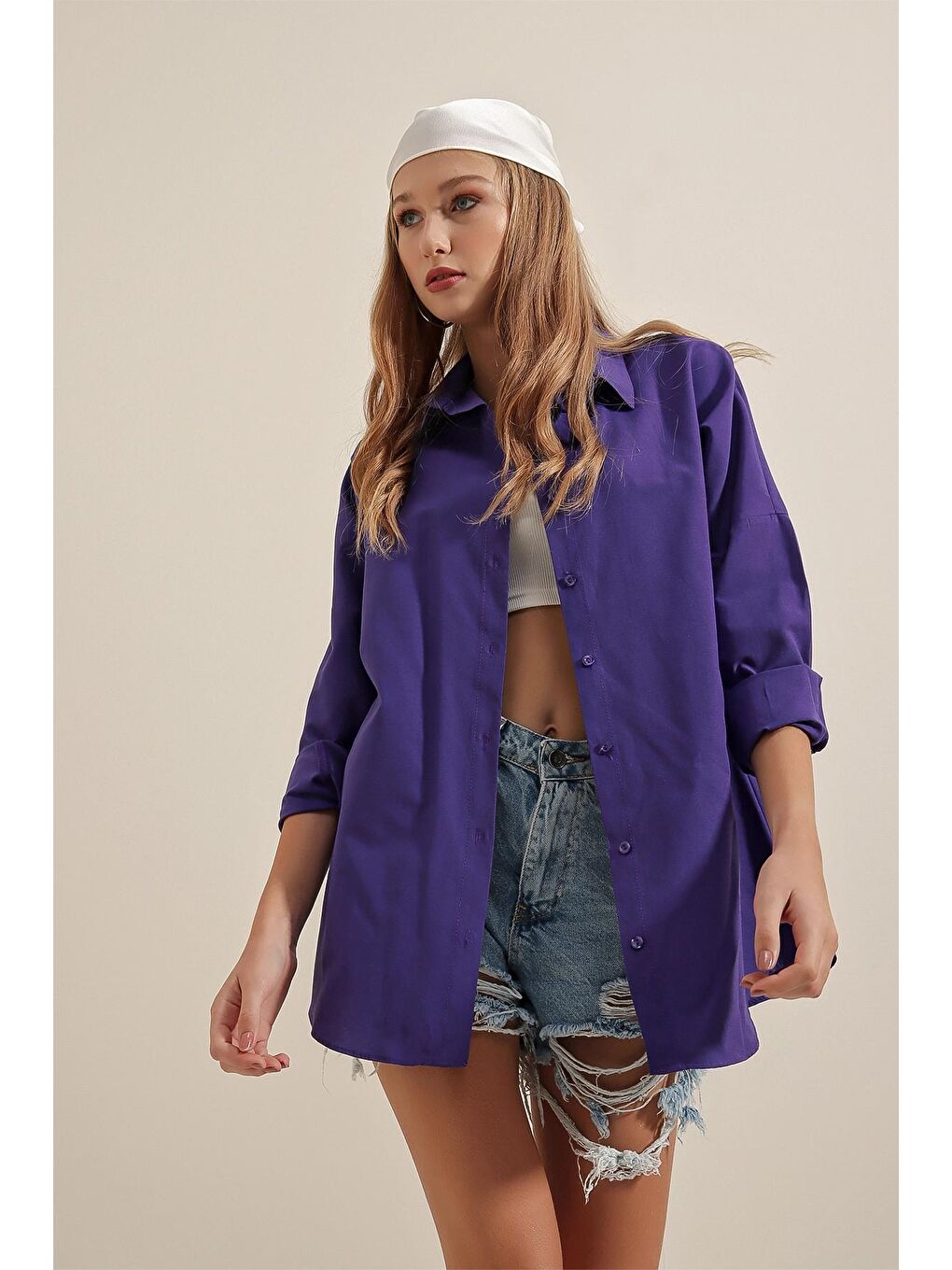 Koyu Mor Sade Düz Araboy Basic Oversize Gömlek-1