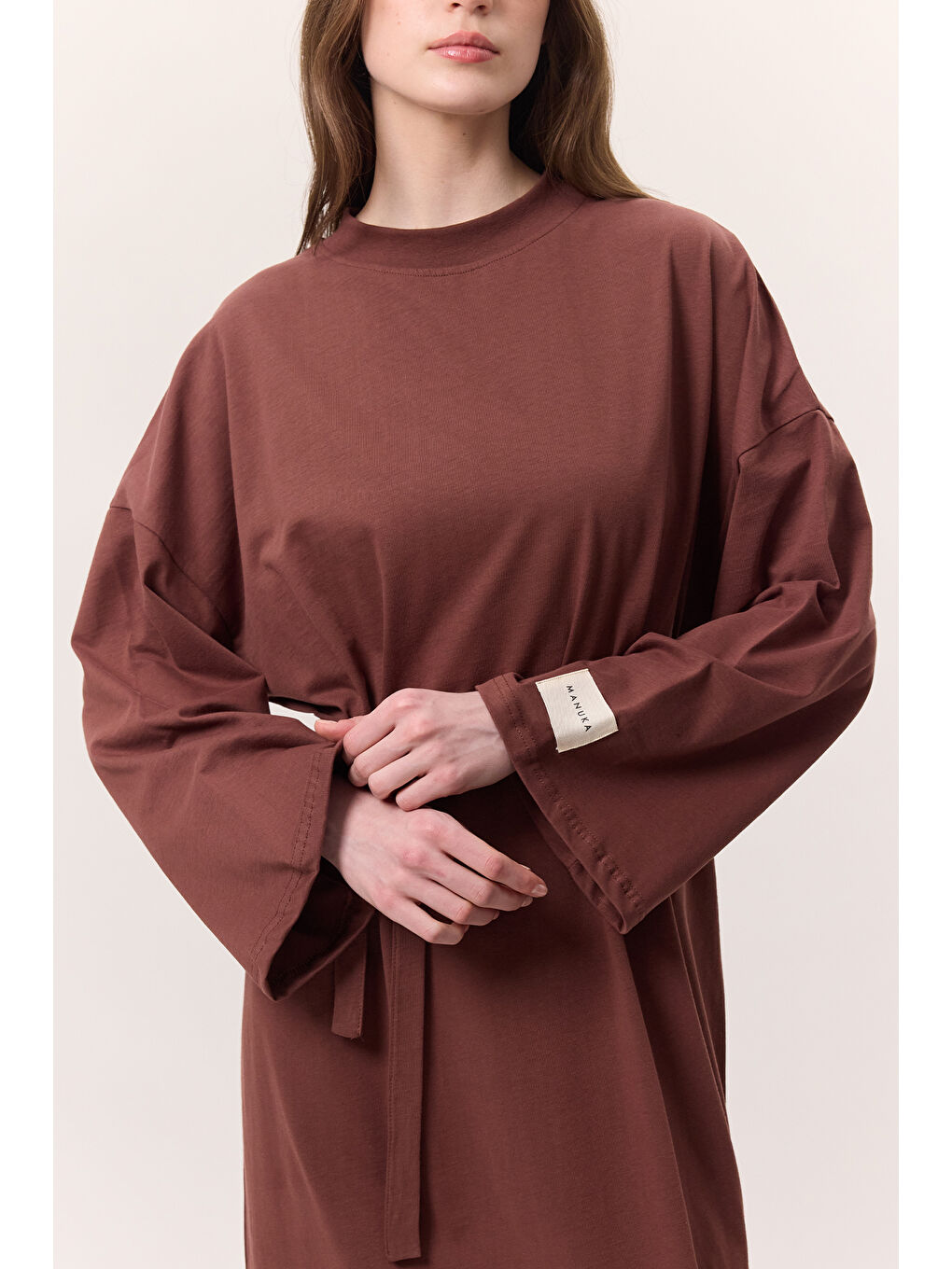 Kahverengi Oversize Uzun Rahat Elbise Ağaç Kabuğu-1