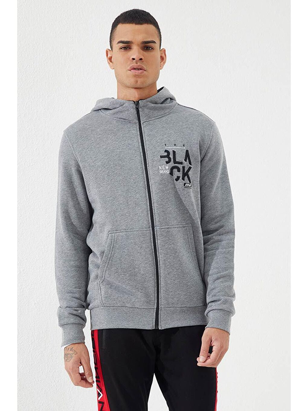 Gri Melanj  Kanguru Cep Standart Kalıp Kapüşonlu Erkek Fermuarlı Sweatshirt Hırka - 87876-4