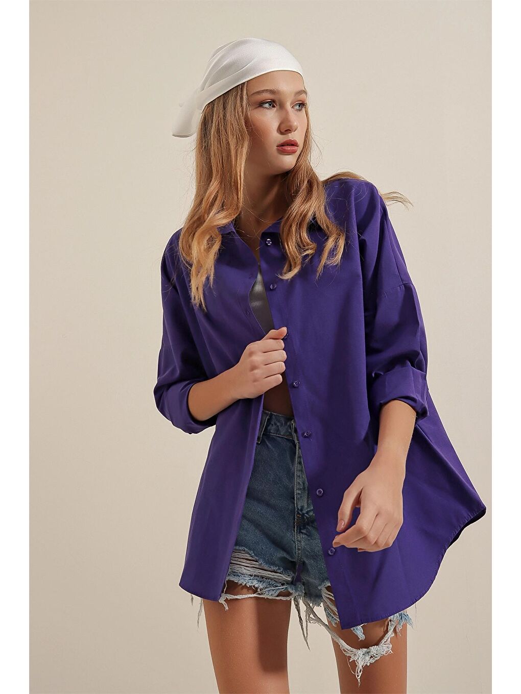 Koyu Mor Sade Düz Araboy Basic Oversize Gömlek-3