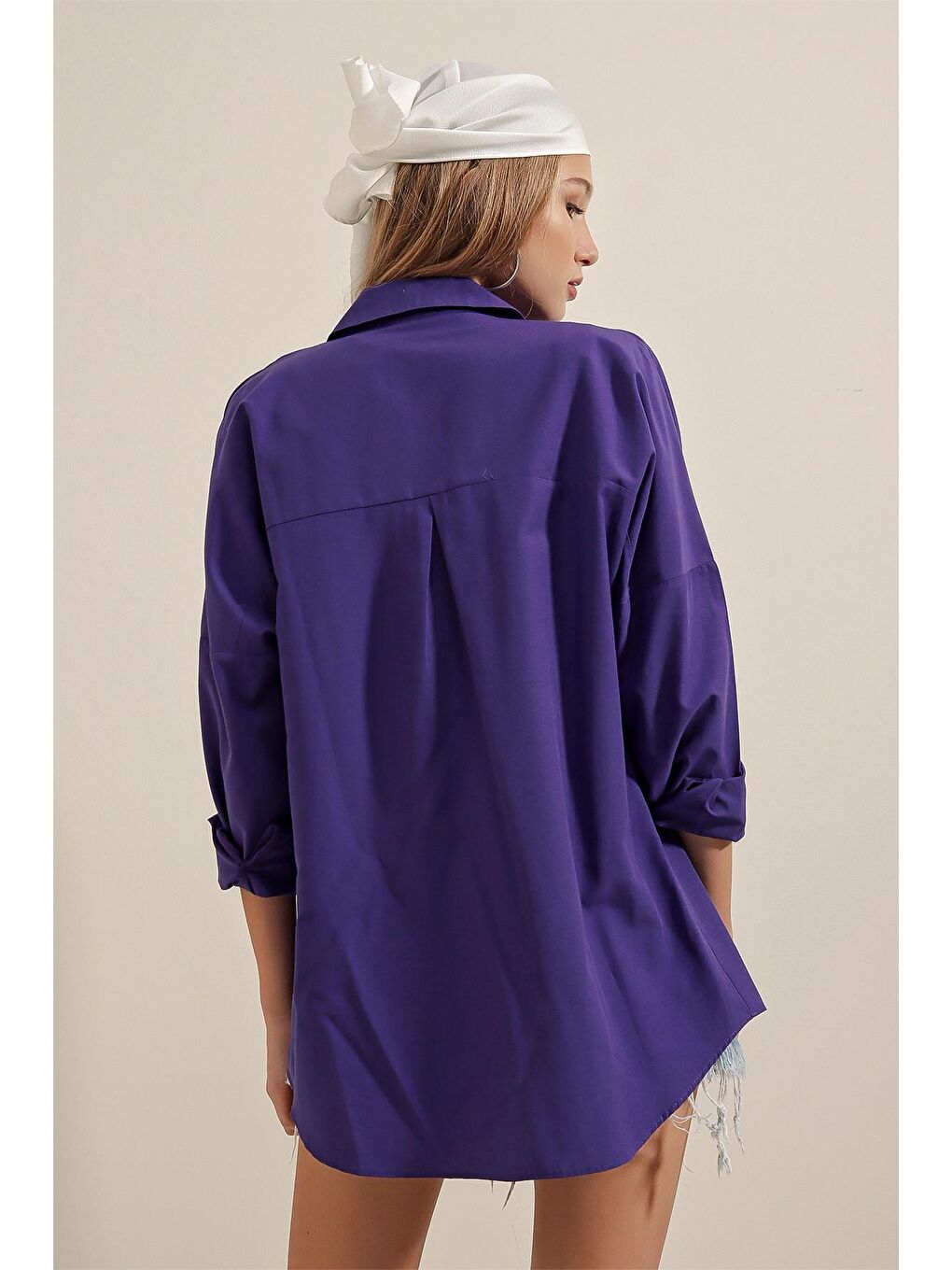Koyu Mor Sade Düz Araboy Basic Oversize Gömlek-4