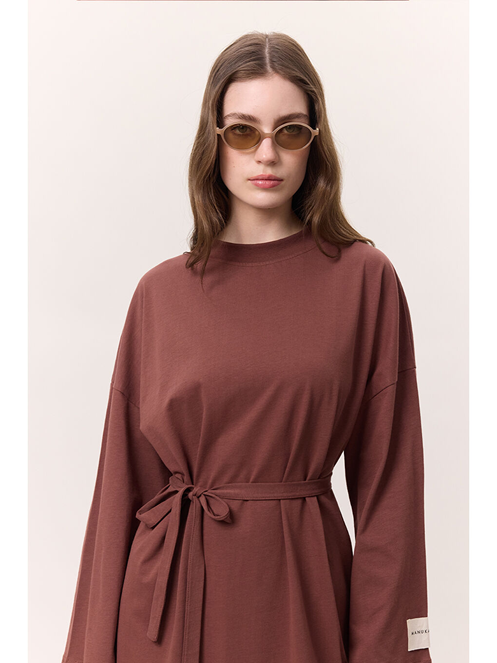 Kahverengi Oversize Uzun Rahat Elbise Ağaç Kabuğu-5