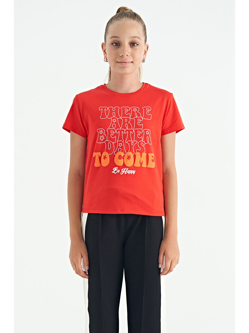 Kırmızı Fiesta O Yaka Yazı Baskılı Rahat Form Kısa Kollu Cropped Kız Çocuk Tişört - 75118-5