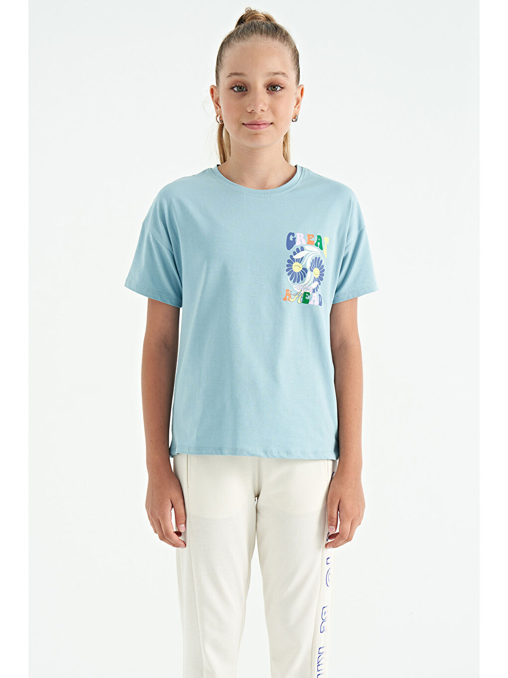 Açık Mavi Ön Arka Çok Renkli Baskılı Oversize Kısa Kollu Kız Çocuk Tişört - 75117