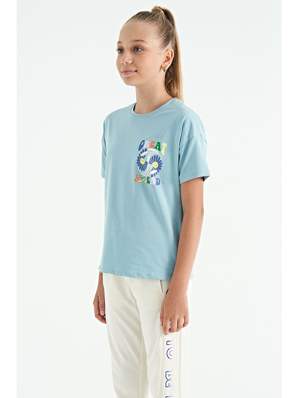Açık Mavi Ön Arka Çok Renkli Baskılı Oversize Kısa Kollu Kız Çocuk Tişört - 75117-1