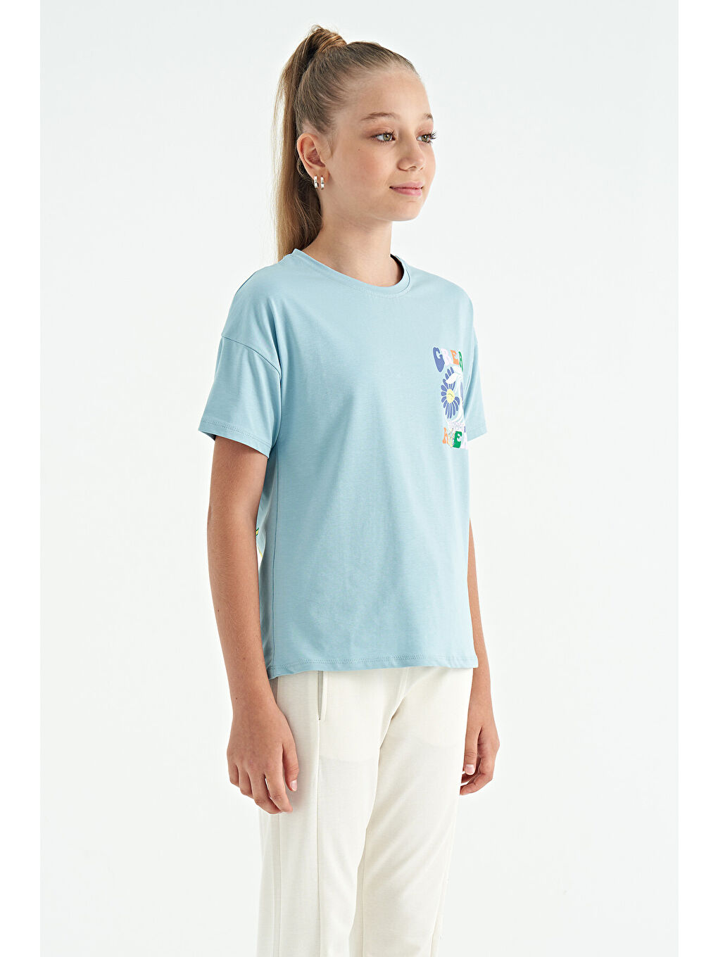 Açık Mavi Ön Arka Çok Renkli Baskılı Oversize Kısa Kollu Kız Çocuk Tişört - 75117-2